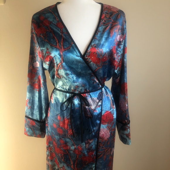 Beautiful Kimono maxi dress teal floral stain design dress feitong EUC - Picture 4 of 9